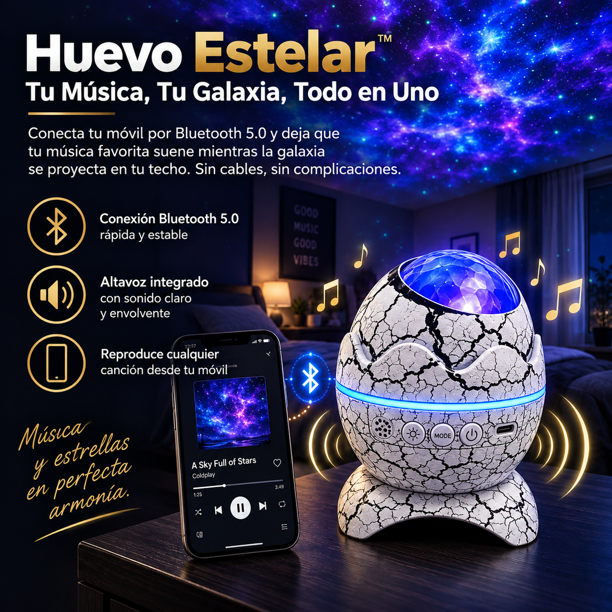 Huevo Estelar™ — Proyector de Galaxia con Altavoz Bluetooth para Dormir Mejor