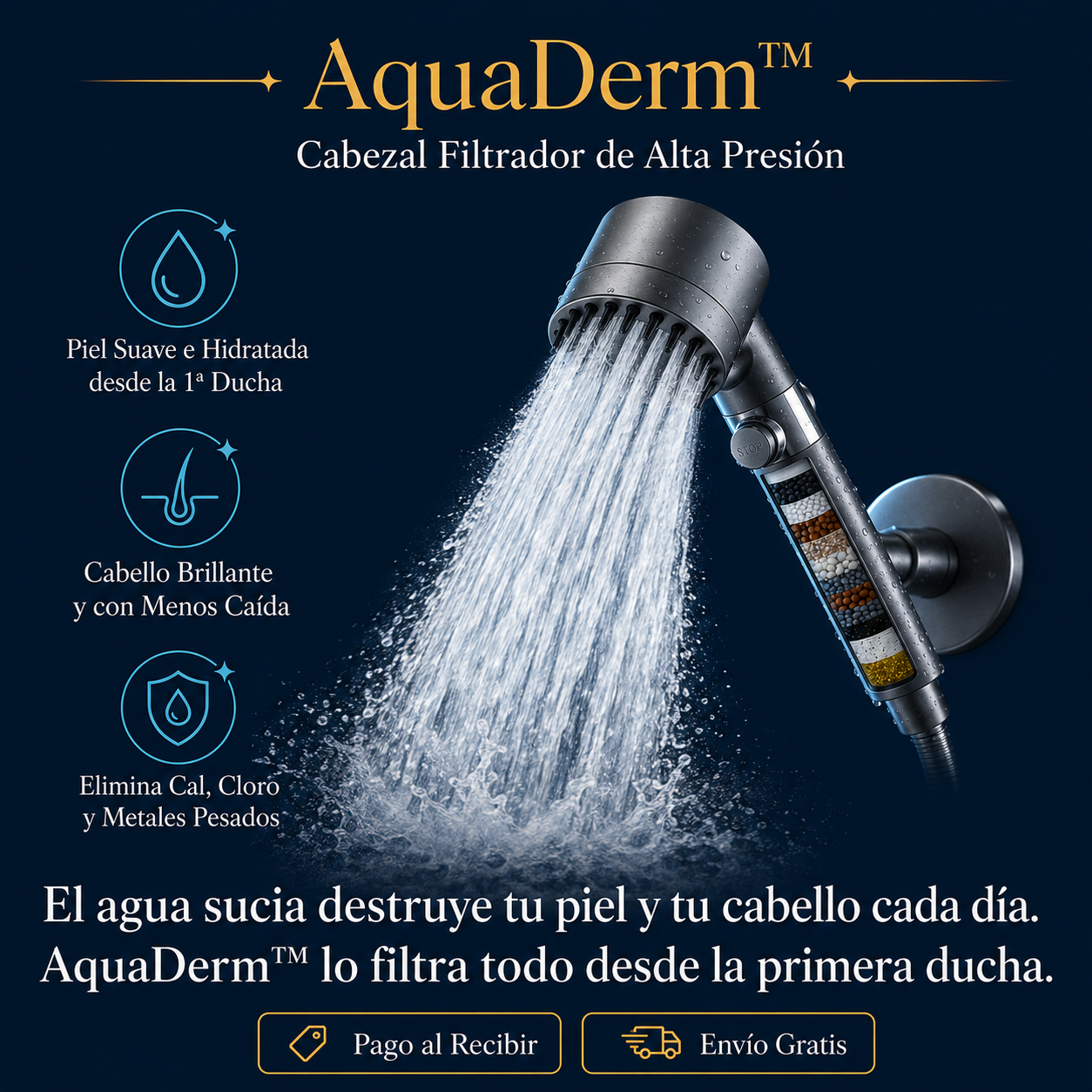 AquaDerm™ — Cabezal Filtrador de Alta Presión para Piel Hidratada y Cabello Brillante